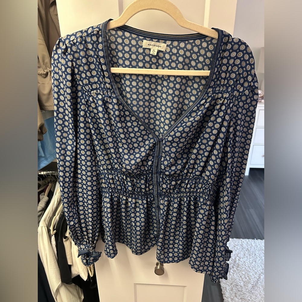 MAX STUDIO Blue Boho Print Peplum Blouse Long Sleeve XL